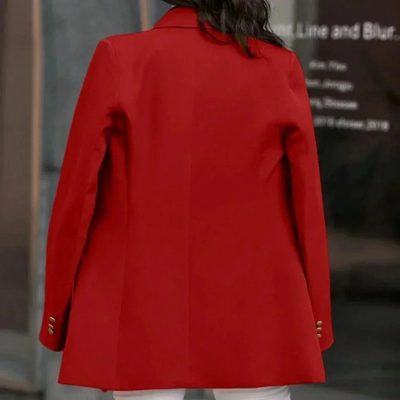 Red Elegant Women's work chic Lapel Neck Double Breasted Blazer - Picture 2 of 6